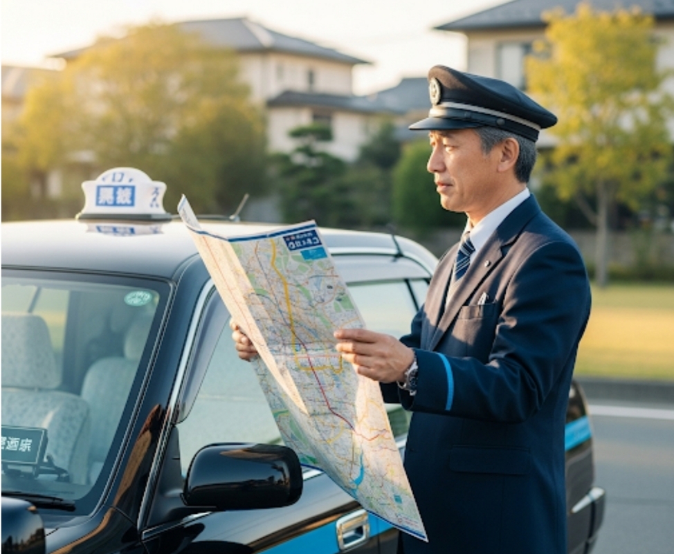 街図を確認するタクシー運転手。