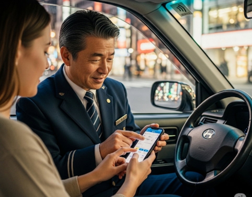 外国人客に決済アプリで対応するタクシー運転手