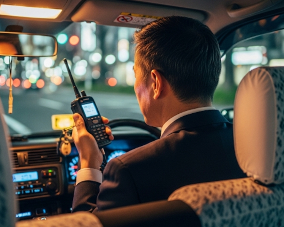 無線配車の対応をしているタクシー運転手