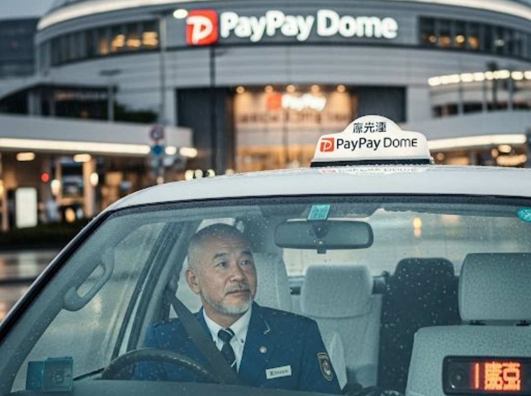 雨の日にイベント会場前で客待ちするタクシー運転手