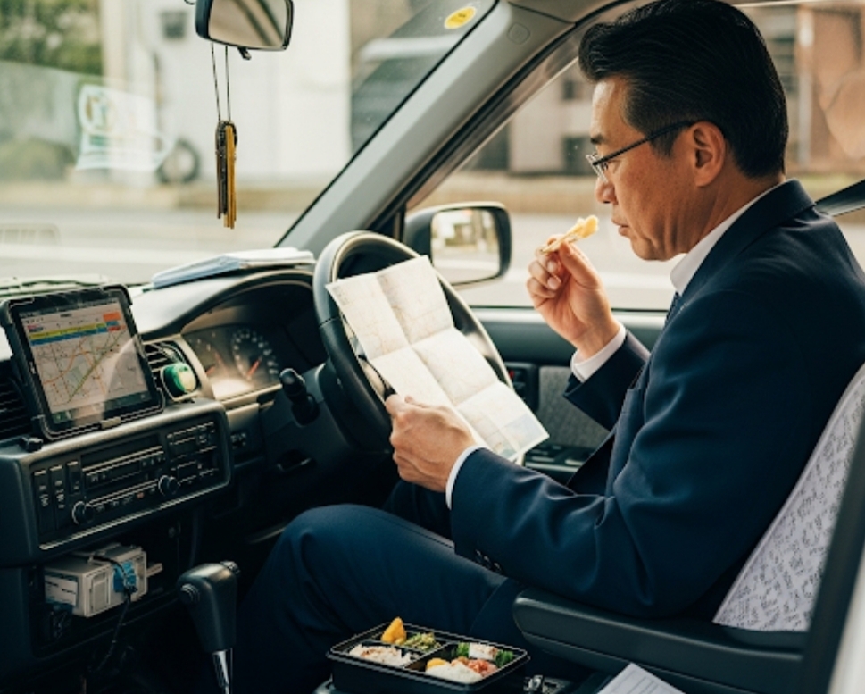 休息時に行動予定を確認するタクシー運転手