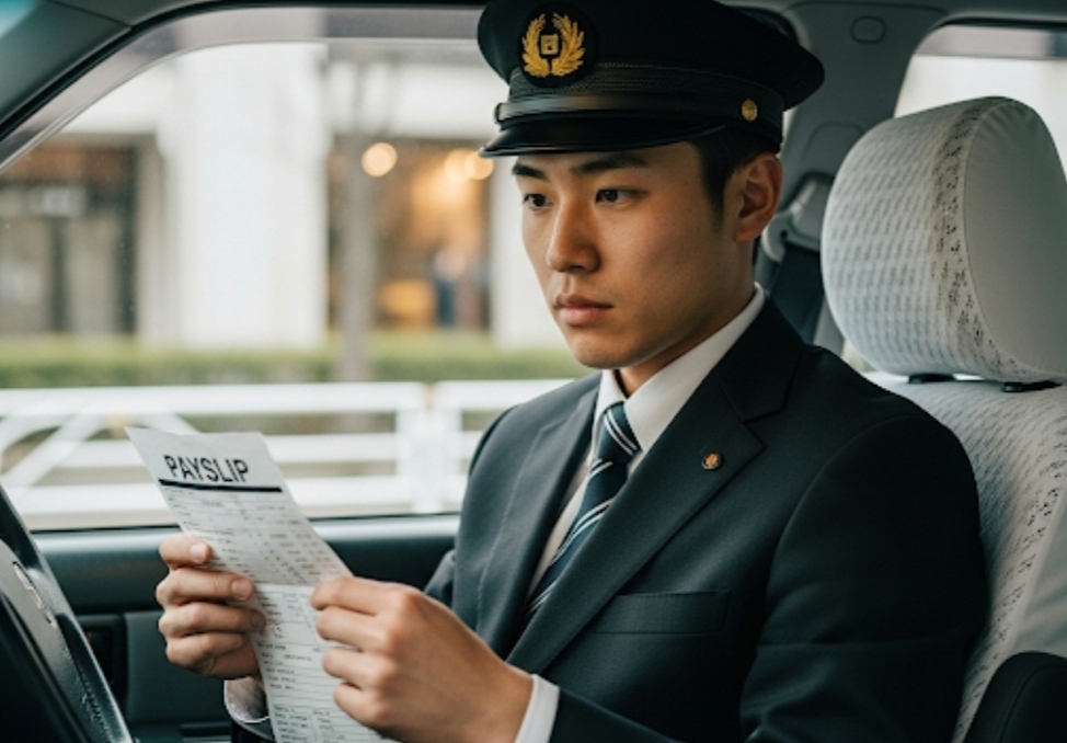給与明細を見入るタクシー運転手