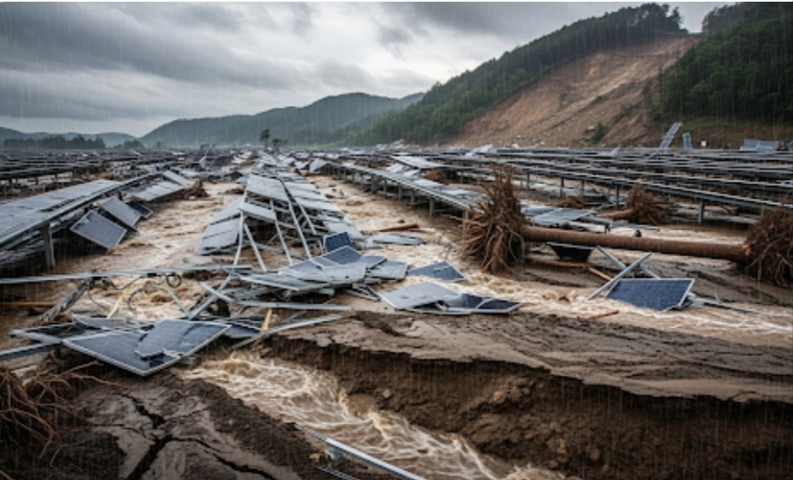 自然災害で崩れたソーラーパネル