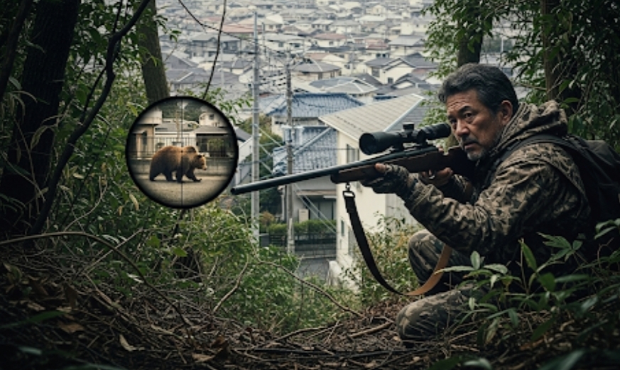 人里に下りてきた熊に狙いを定めるハンター