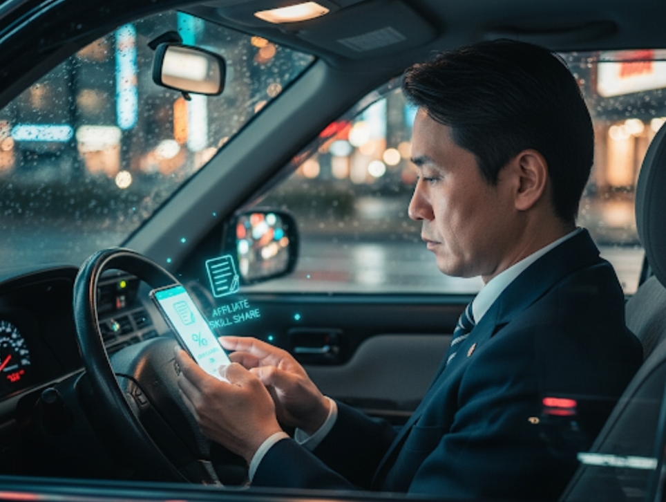 スキマ時間にスマホで副業を進めるタクシードライバー