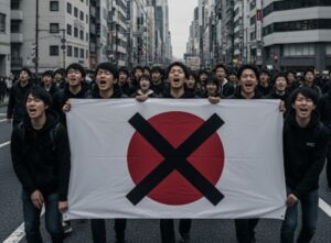 日章旗にバツ印を付けて行進するデモ隊