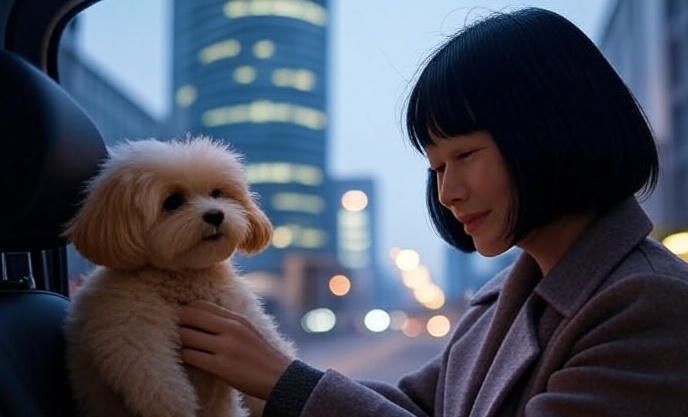 ペットの犬を同乗させる女性