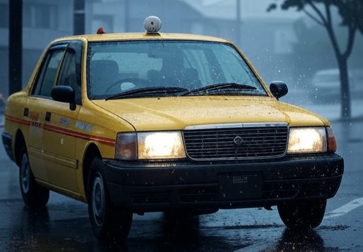 台風直下で立ち往生するタクシー