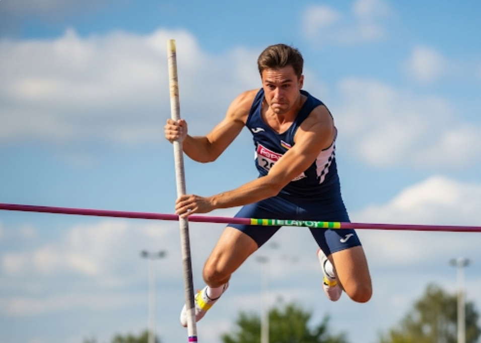 走り棒高跳びをするヨーロッパ人選手
