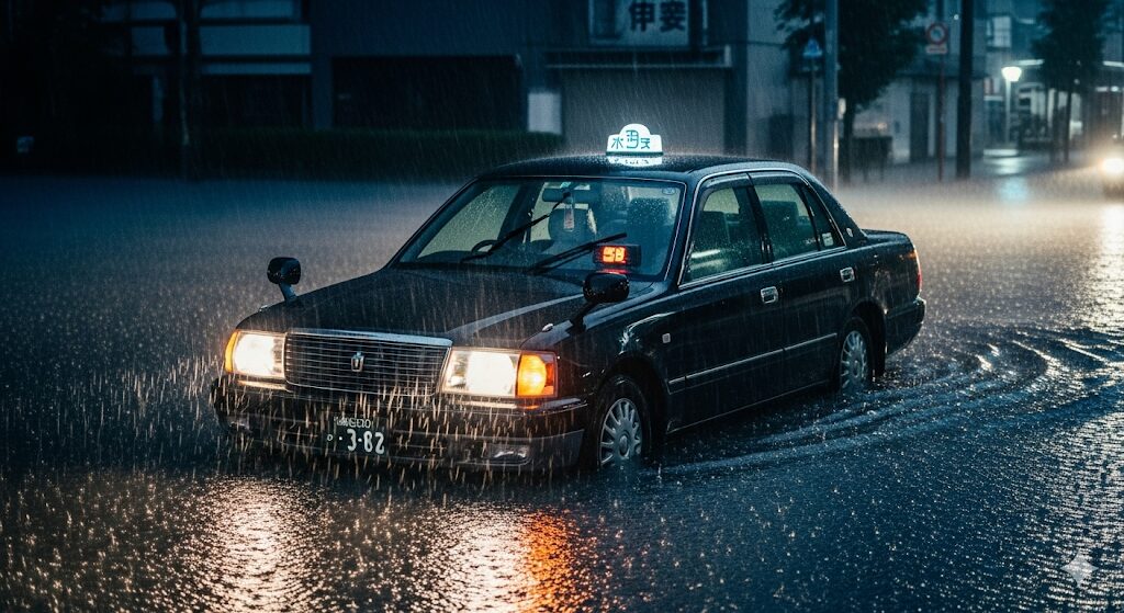 冠水したタクシー車両