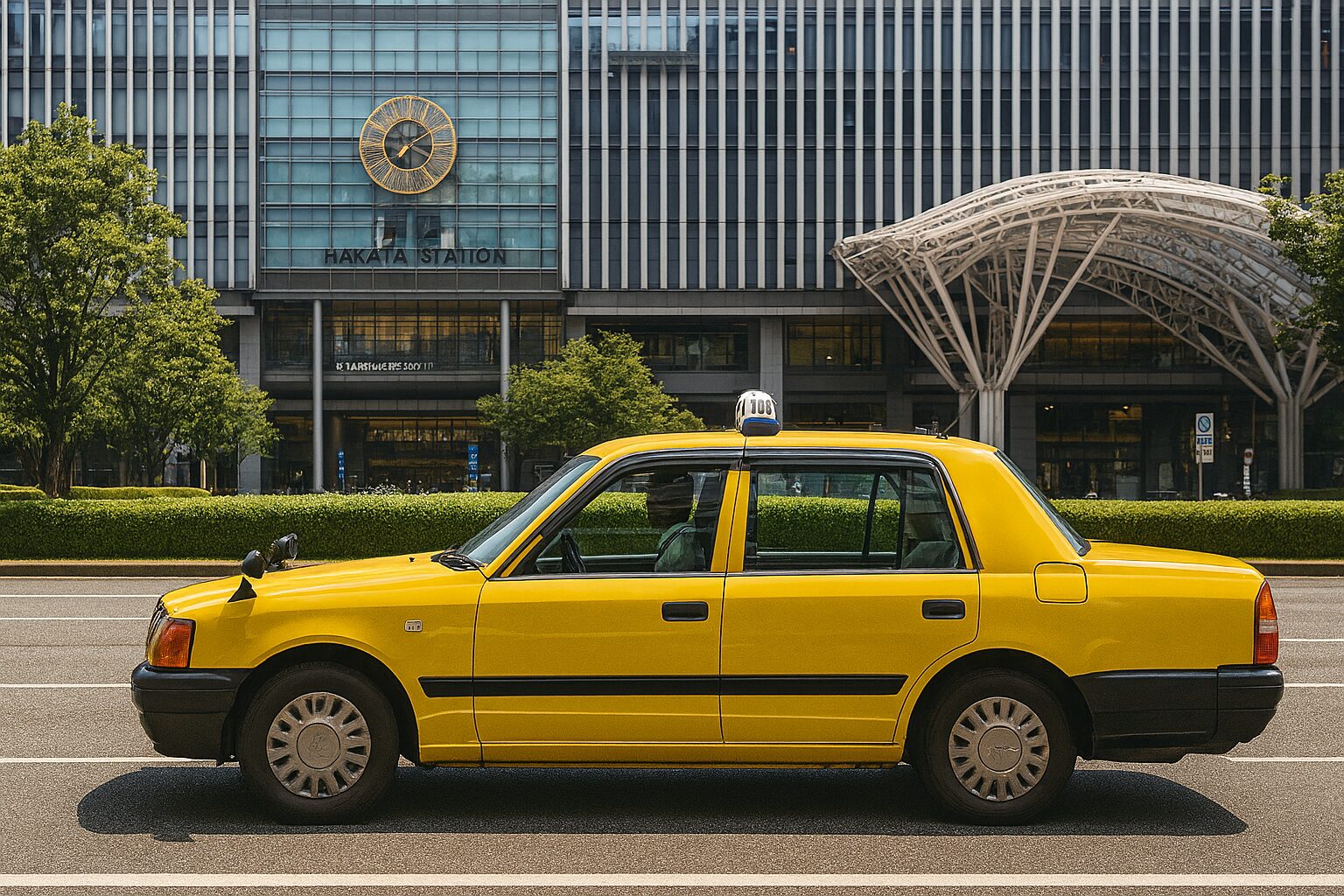 博多駅の前を走るタクシー。