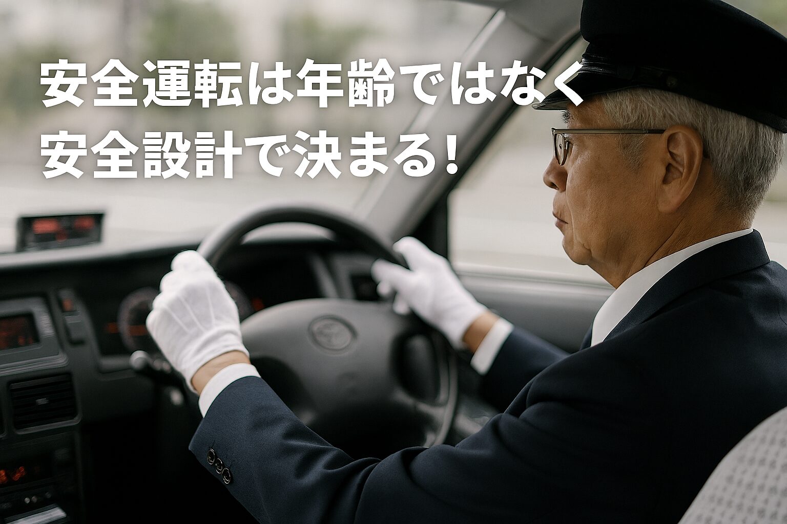 高齢タクシードライバーが安全運転する様子と「安全設計で決まる」と伝えるメッセージ画像