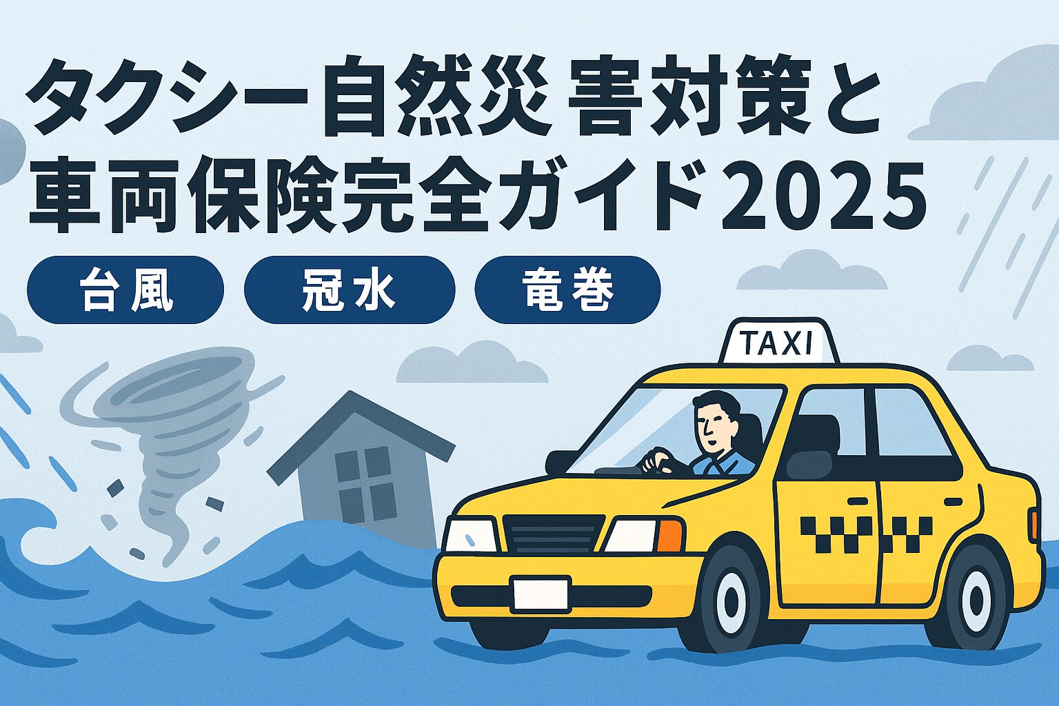 台風・冠水・竜巻などの自然災害に備えるタクシーと車両保険のガイドを表す横長イラスト。冠水した道路を走るタクシー、竜巻、雨雲が描かれている。