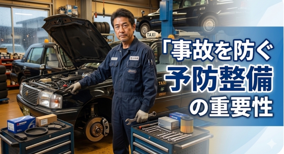 alt="個人タクシーの予防整備を解説する整備士とタクシー車両。事故を防ぐ重要性を伝えるイメージ画像"