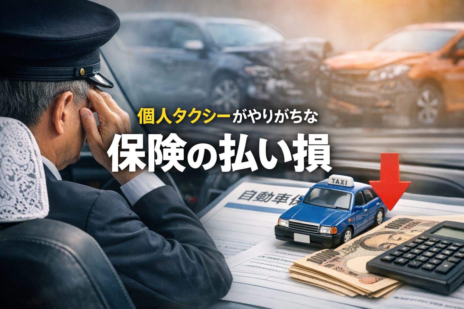 保険料の払い損に悩む個人タクシードライバーと自動車保険証券、赤い矢印で示された保険料の低下、事故車の背景を含む横長イメージ