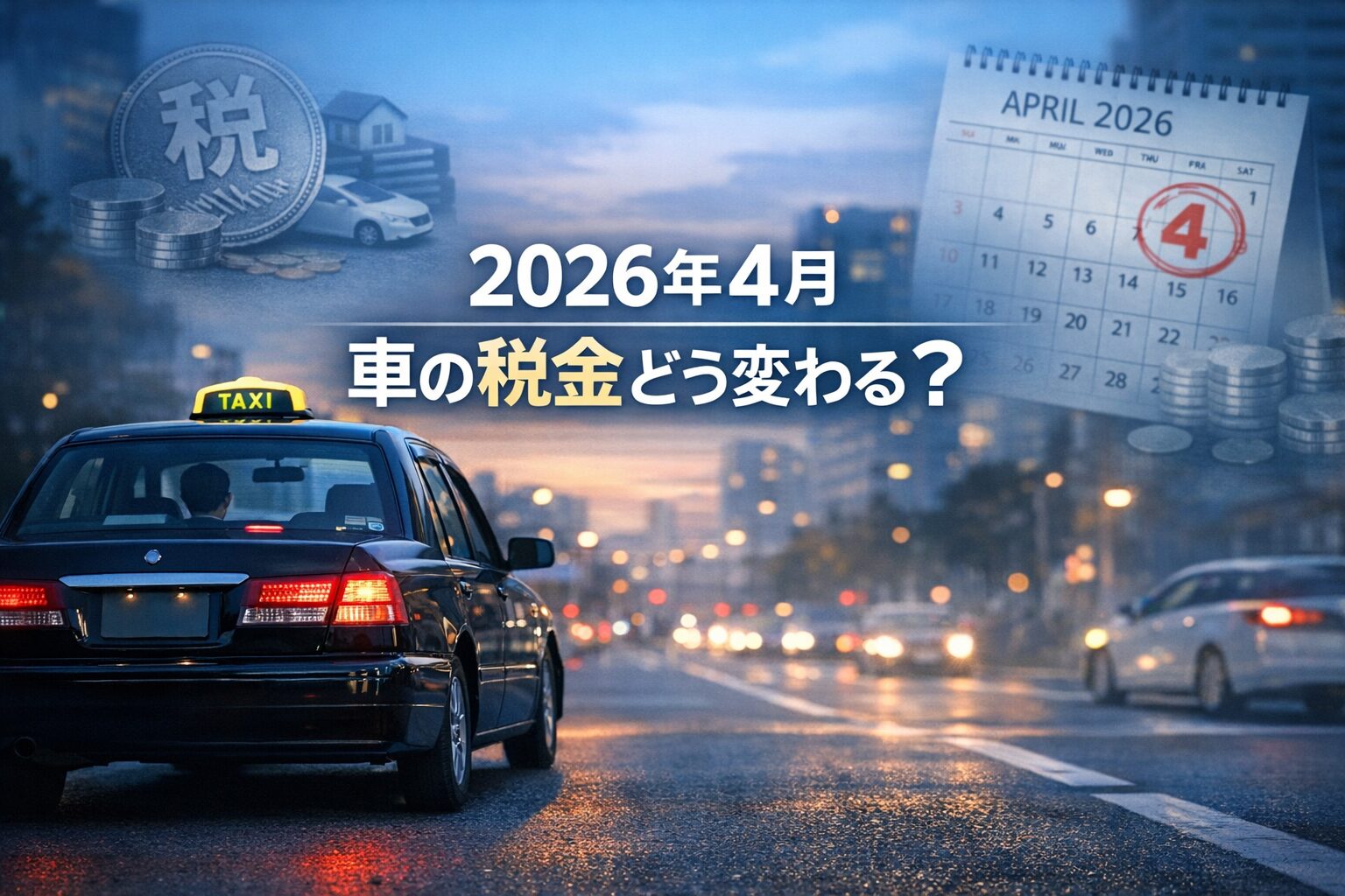 alt="夕暮れの道路を走るタクシーと2026年4月の税制変更を示す文字が中央に配置されたシンプルな横長アイキャッチ画像"