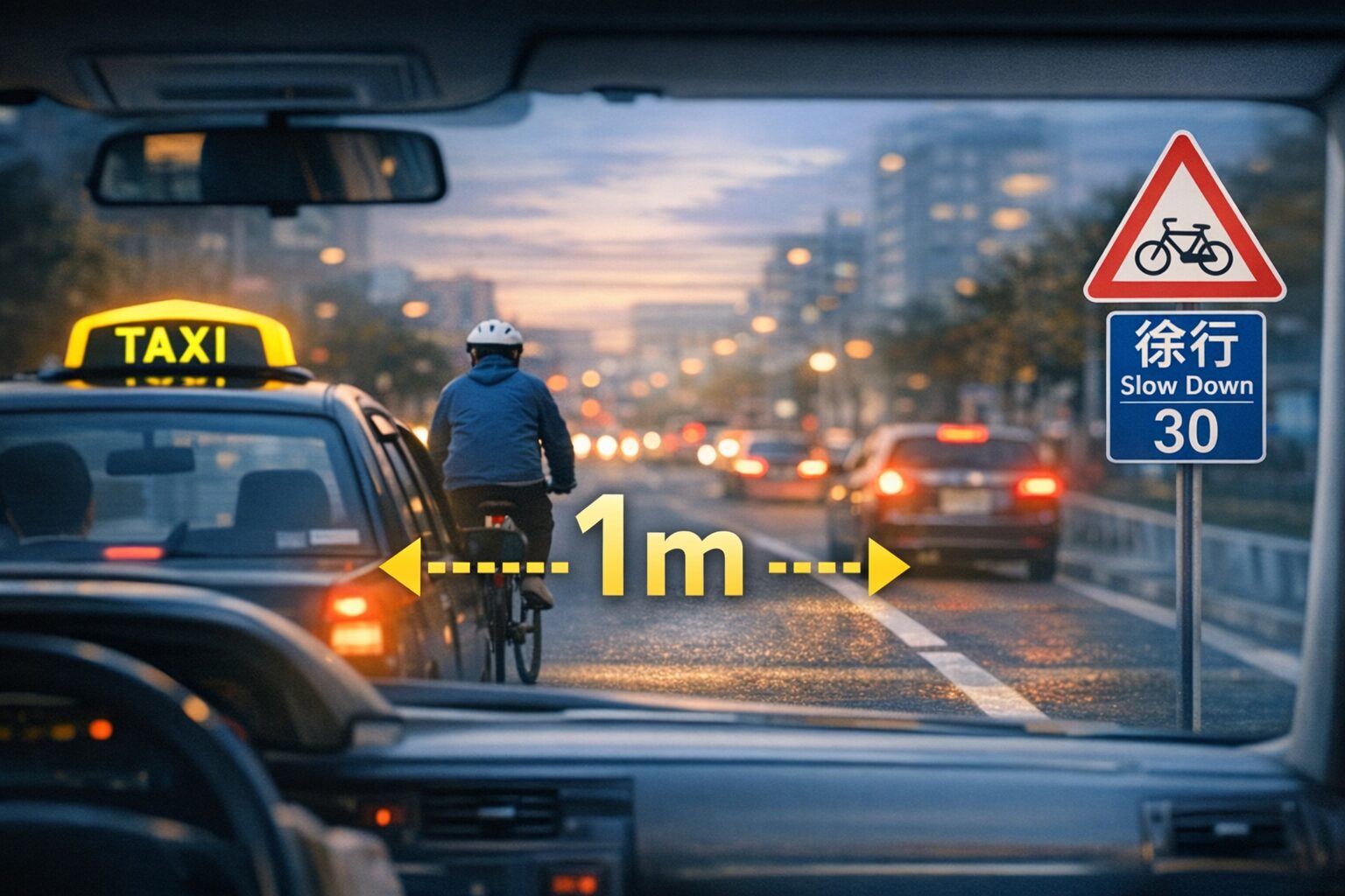 alt="自転車の横を安全に追い越すための1メートルルールを示す横長アイキャッチ画像。タクシーの視点から前方の自転車と中央に1mの距離表示が配置されている"