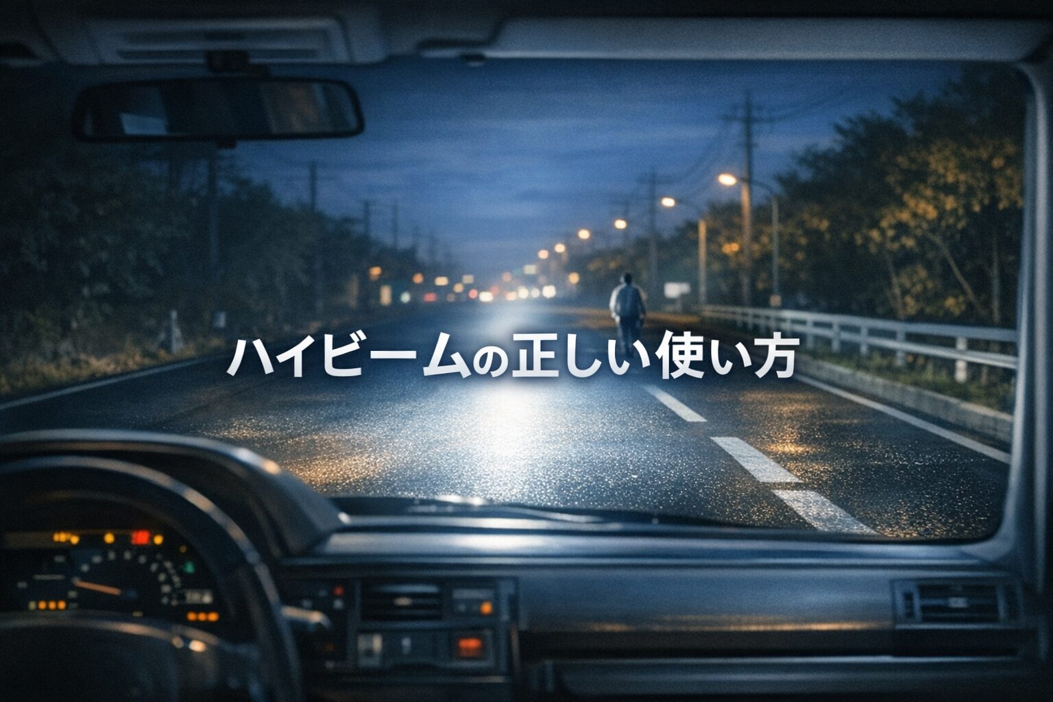 alt="夜の道路をハイビームで照らし、遠くの歩行者が浮かび上がる様子を中央に配置した横長アイキャッチ画像。ハイビームの正しい使い方を示す構図"