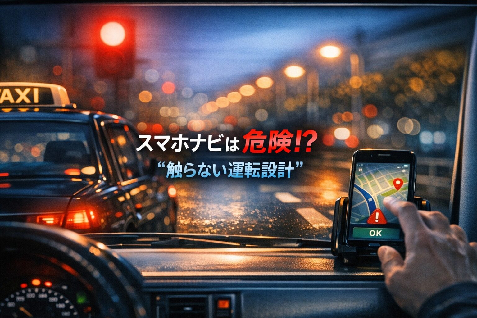 alt="赤信号で停止中の車内でスマホナビの画面が光り、運転席の手が触れようとしている様子を捉えた横長アイキャッチ画像。スマホ操作の危険性と触らない運転設計を象徴する構図"