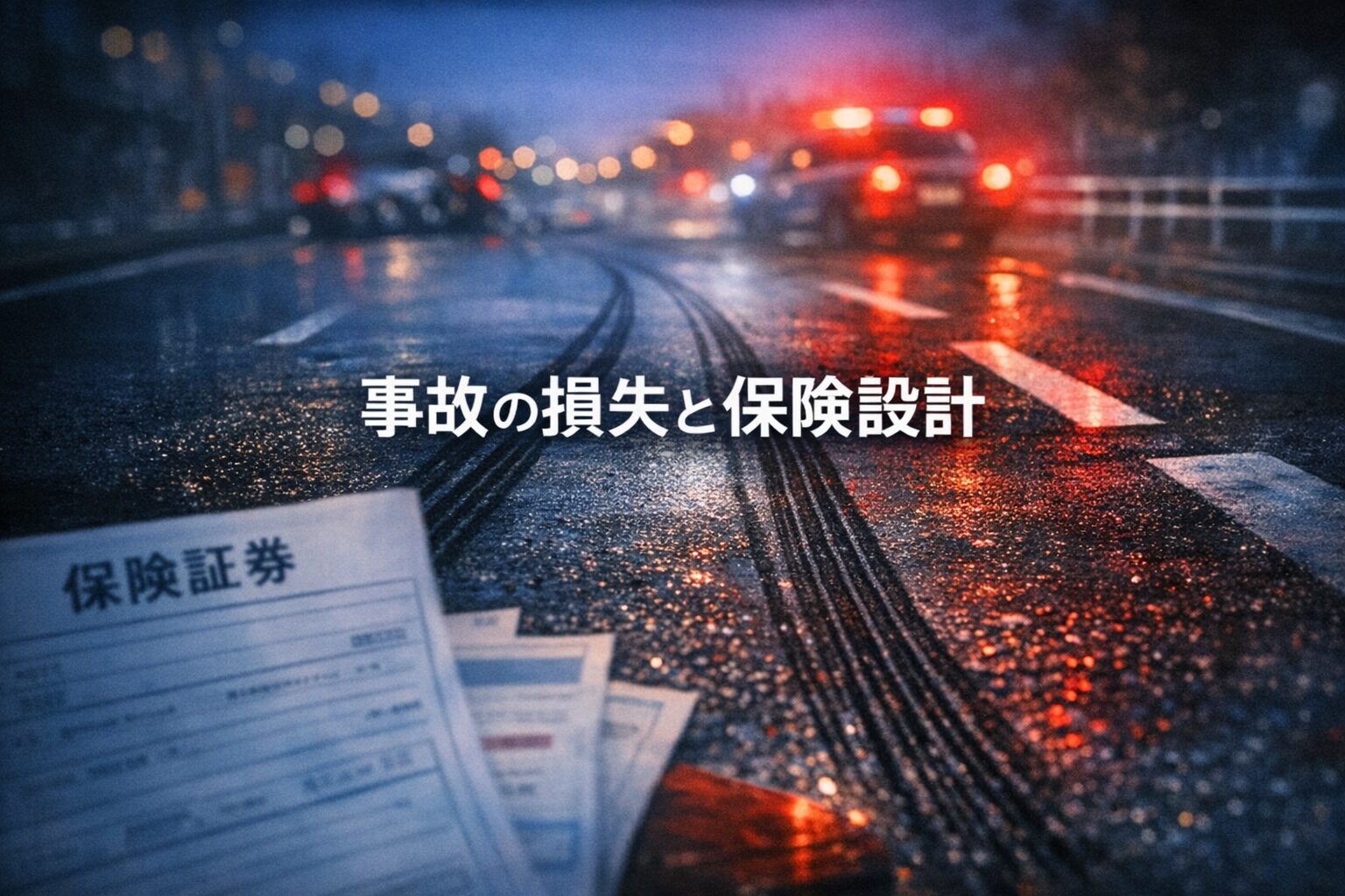 夜の道路に残る長いブレーキ跡と赤色灯の光が反射し、事故の損失と保険見直しの重要性を象徴する横長アイキャッチ画像