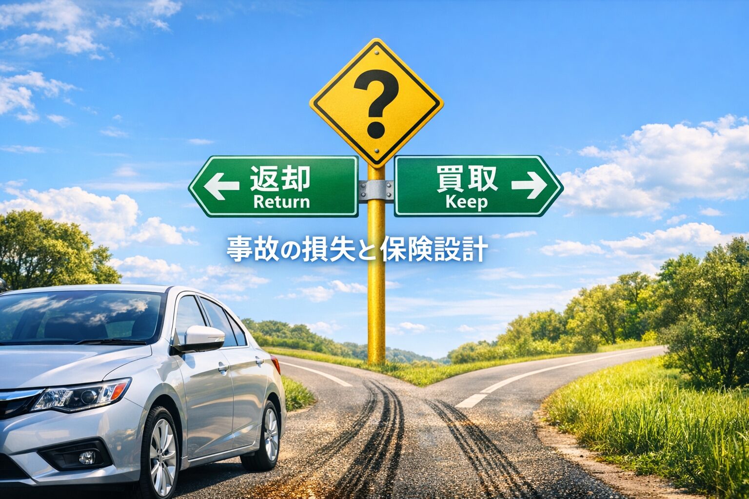 青空の下で車が二つの道の分岐点に立ち、返却と買取の方向を示す看板が並ぶ明るい横長アイキャッチ画像。残クレの出口選択を象徴する構図