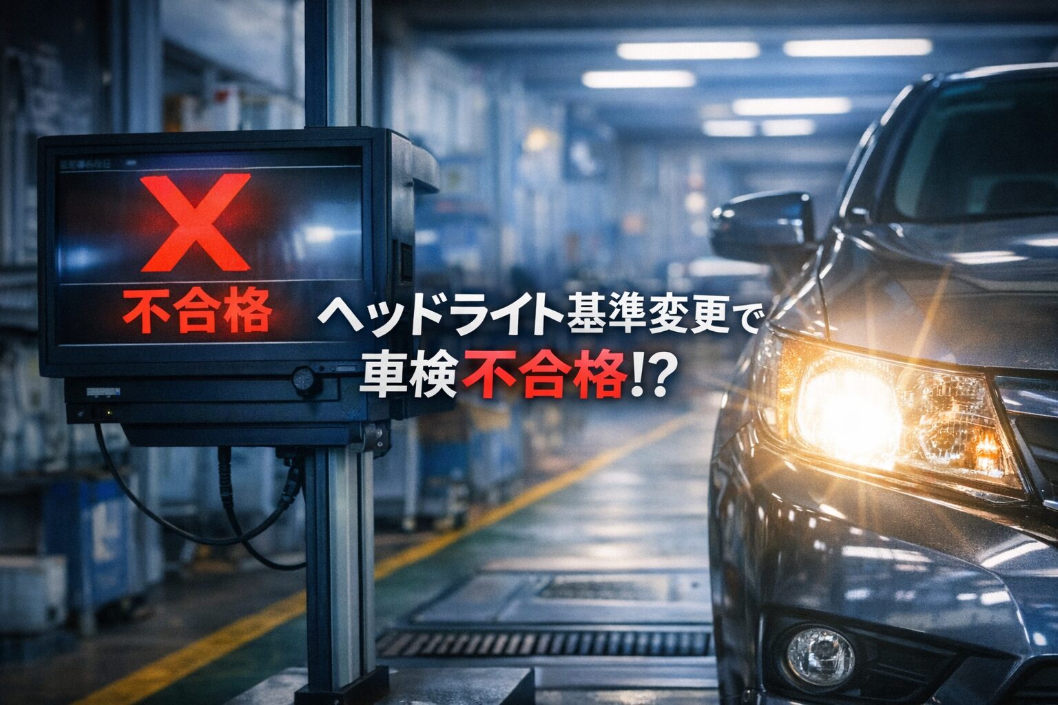 alt="車検場でヘッドライトの明るさと光軸を測定する機器と点灯したヘッドライトが並ぶ構図。基準変更で不合格になるリスクを象徴する横長アイキャッチ画像"