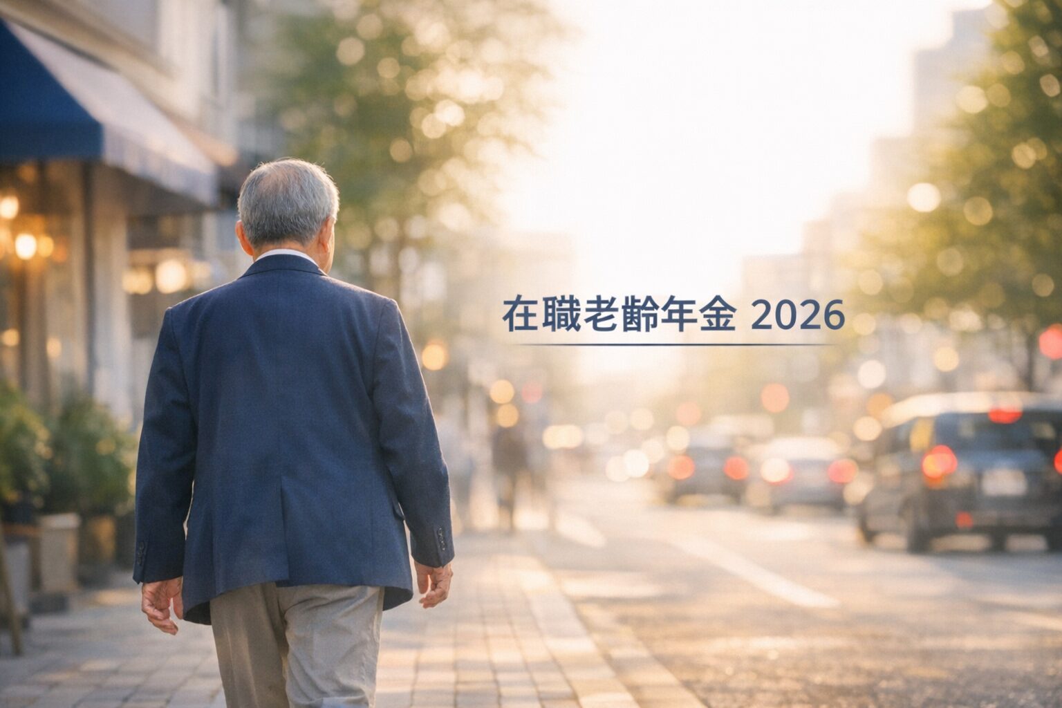 alt="明るい街並みを背景にシニア男性が歩き出す後ろ姿を中央に配置した横長アイキャッチ画像。在職老齢年金改正で広がる働き方の選択肢を象徴する構図"