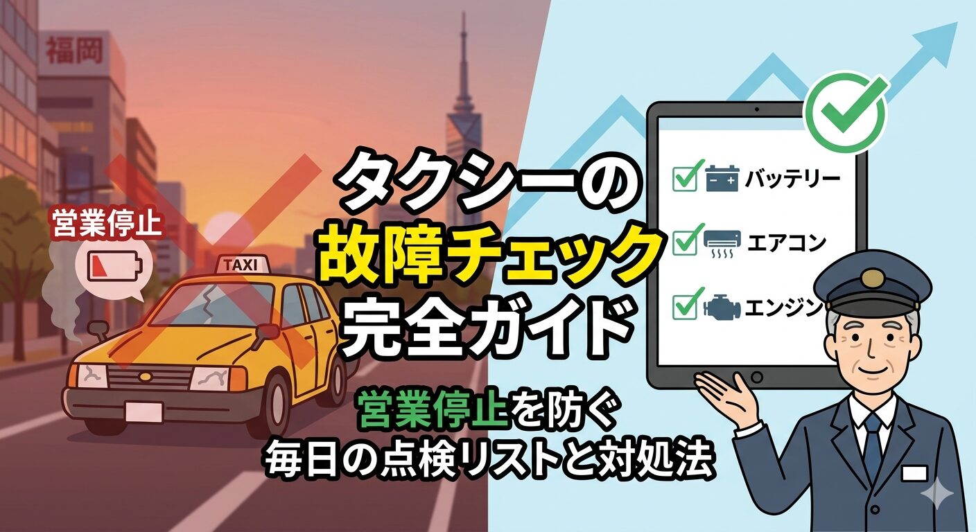 ​故障で動かないタクシーと、点検リストを確認して笑顔で指差し確認をするベテラン運転手の対比イラスト。中央に「タクシーの故障チェック完全ガイド」の文字。
