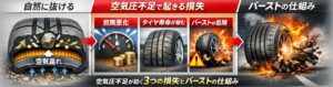 タイヤの空気圧が自然に低下する仕組み、空気圧不足による燃費悪化・偏摩耗・バーストリスクの3つの損失、さらに高速走行時にタイヤ内部が過熱して破裂に至るメカニズムをまとめた横長の説明図。