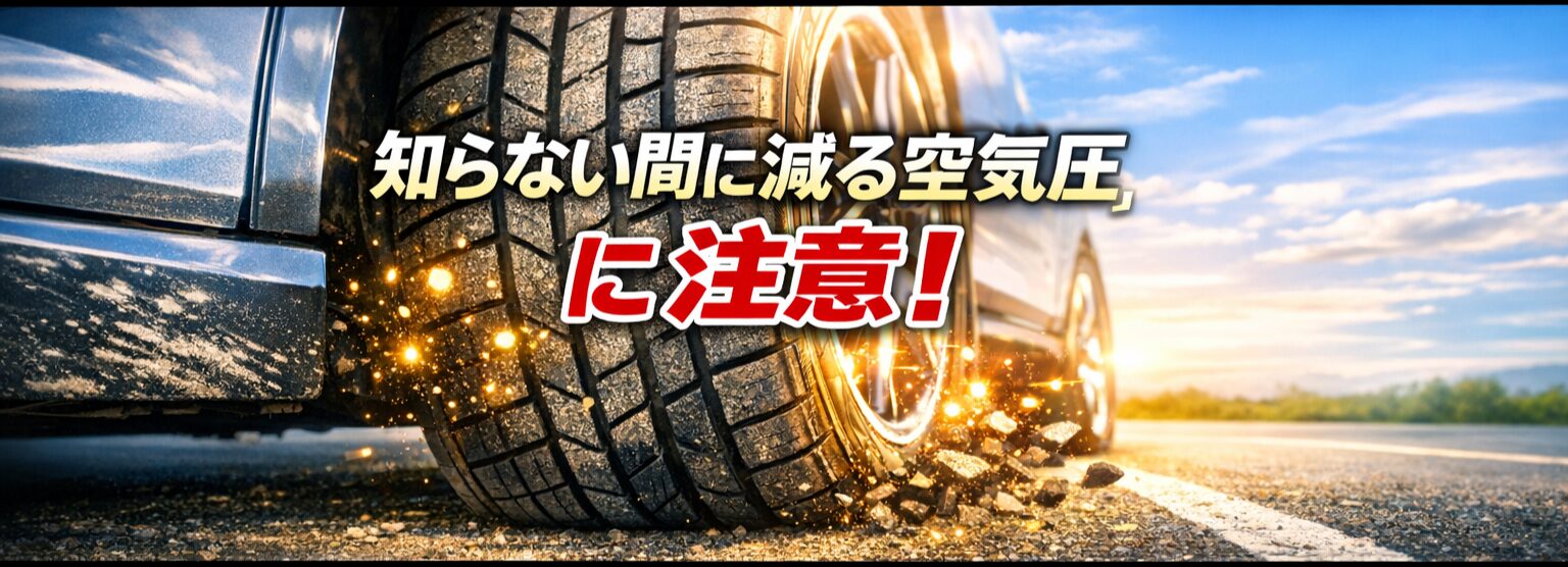 車のタイヤを大きく写した明るい横長アイキャッチ画像。タイヤの溝から小さな光の粒が漏れ出しており、背景には明るい道路と青空が広がる。中央に『知らない間に減る空気圧に注意❗️』という警告文が白と赤の文字で配置されている。