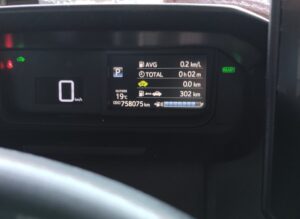 ​出庫前に撮影した758075kmを表示するタクシーのメーター。READYランプが点灯中。