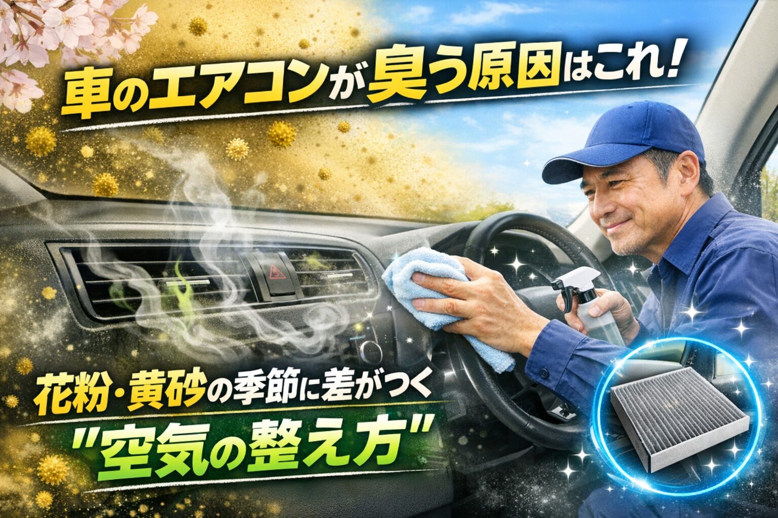 alt="車のエアコン吹き出し口から不快なニオイが出ている様子と、花粉や黄砂が舞う春の空気を対比させた横長アイキャッチ画像。車内の空気を整える重要性を伝える構図"