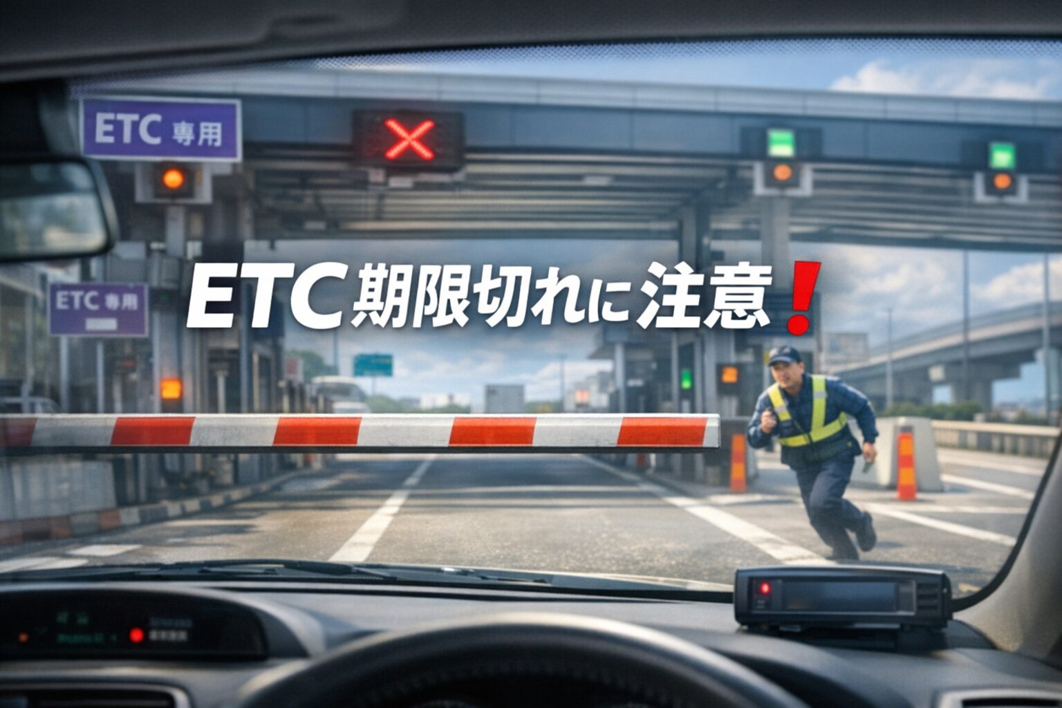 alt="昼間の高速道路ETCレーンでバーが開かず停止した車をフロントガラス越しに描いた横長アイキャッチ画像。中央に『ETC期限切れに注意❗️』という警告文字が配置されている"
