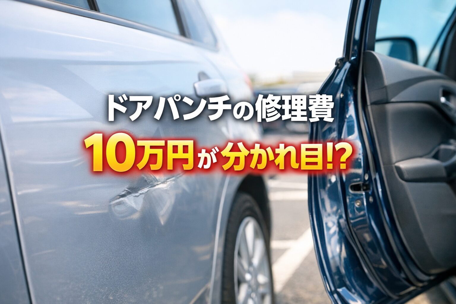 alt="明るい駐車場で隣の車のドアが当たりそうな瞬間を捉えた横長アイキャッチ画像。中央に『ドアパンチに注意』とシンプルに配置されたデザイン"