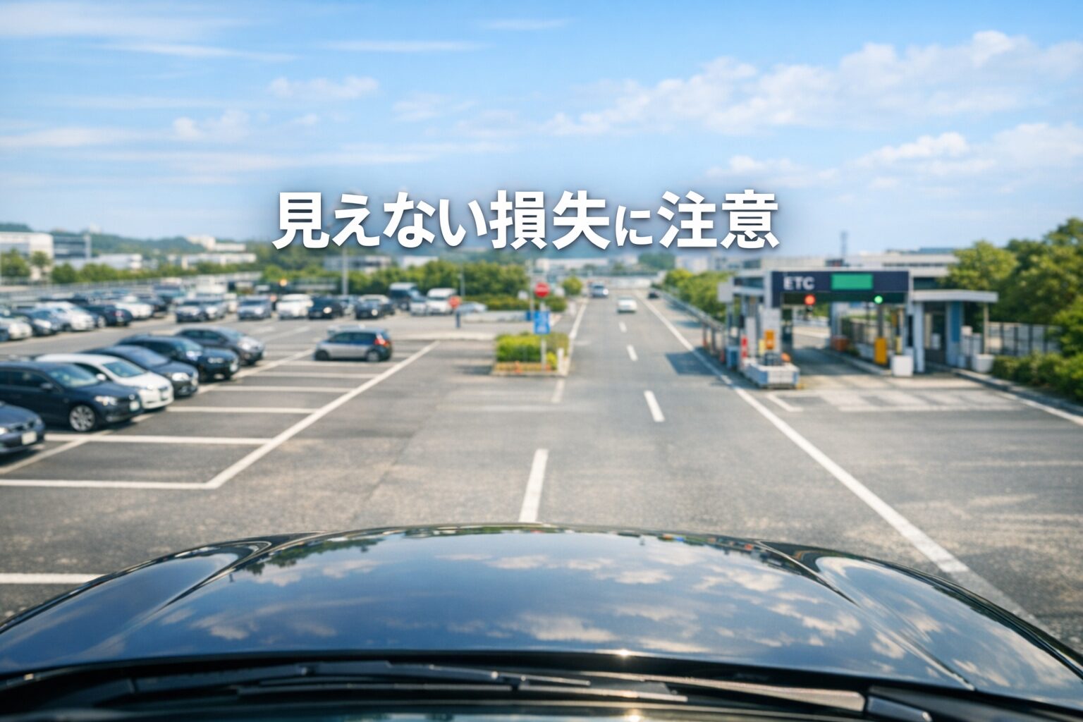 alt="車のボンネット越しに広い駐車場と道路が広がる明るい風景を写した横長アイキャッチ画像。中央に『見えない損失に注意』とシンプルに配置されたデザイン"