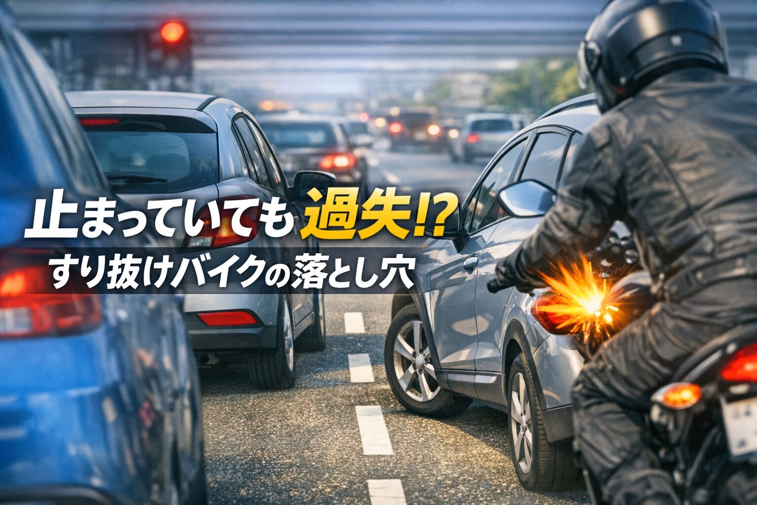 alt="渋滞中に停止している車の左側をバイクがすり抜け、車が左に寄せた瞬間に接触しそうな場面を後方から捉えた横長アイキャッチ画像。中央に『止まっていても過失!? すり抜けバイクの落とし穴』と表示されたデザイン。"