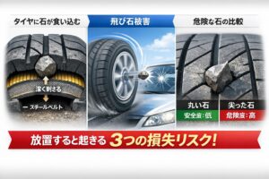 alt="タイヤ断面で溝に挟まった石がスチールベルトに向かって深く食い込む様子、走行中のタイヤから石が飛び後続車のフロントガラスを割る飛び石被害、丸い石と尖った石の危険度を比較した図を1枚にまとめた横長の図解。タイヤの石を放置したときに起きる3つの損失リスクを視覚的に説明した画像。"
