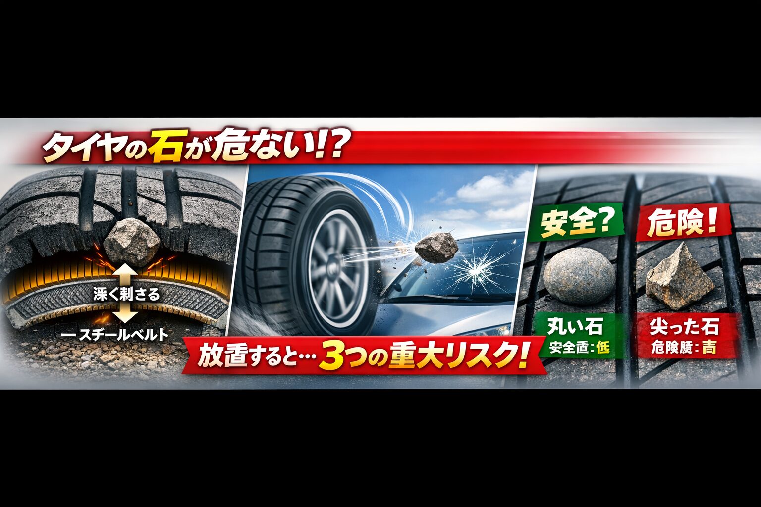 alt="タイヤの溝に挟まった石がスチールベルトに食い込み、走行中に飛び石となって後続車のフロントガラスを割る様子、さらに丸い石と尖った石の危険度比較を1枚にまとめた横長アイキャッチ画像。中央に『タイヤの石が危ない!? 放置すると3つの重大リスク!』と表示されたデザイン。"