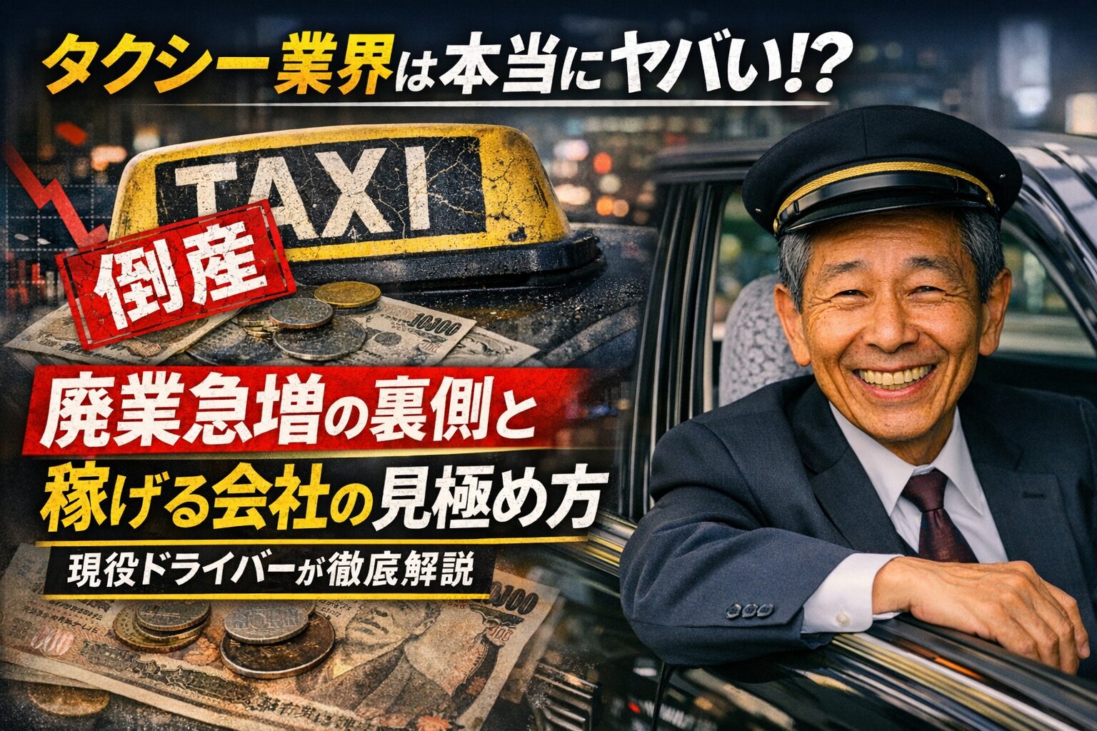 タクシー業界の二極化を象徴するアイキャッチ。左側に倒産マークの古いタクシーサイン、右側に笑顔の現役ドライバー。『廃業急増の裏側と稼げる会社の見極め方』という記事タイトルを強調。