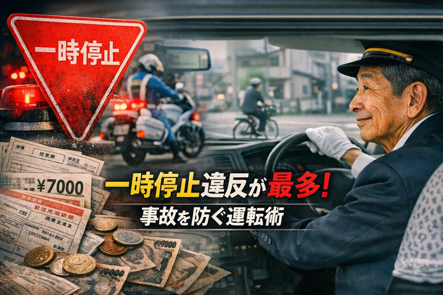 一時停止標識と停止線を背景に、中央へ最小限の文字を配置したシンプルな横長アイキャッチ。交通違反で最も多い一時停止違反と安全運転の重要性を象徴するデザイン。