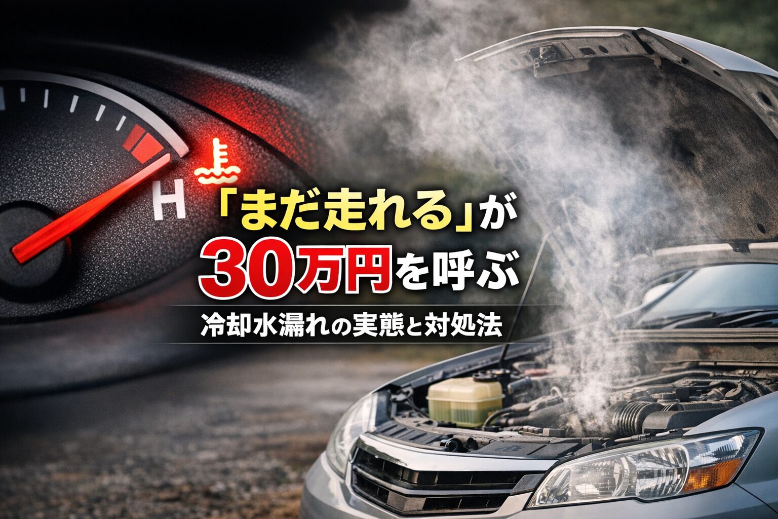 水温計の針がHを指し赤い警告灯が点灯する車のメーターと、ボンネットから蒸気が上がる車を背景にした横長アイキャッチ。中央に「まだ走れるが30万円を呼ぶ 冷却水漏れの実態と対処法」と表示されたデザイン。