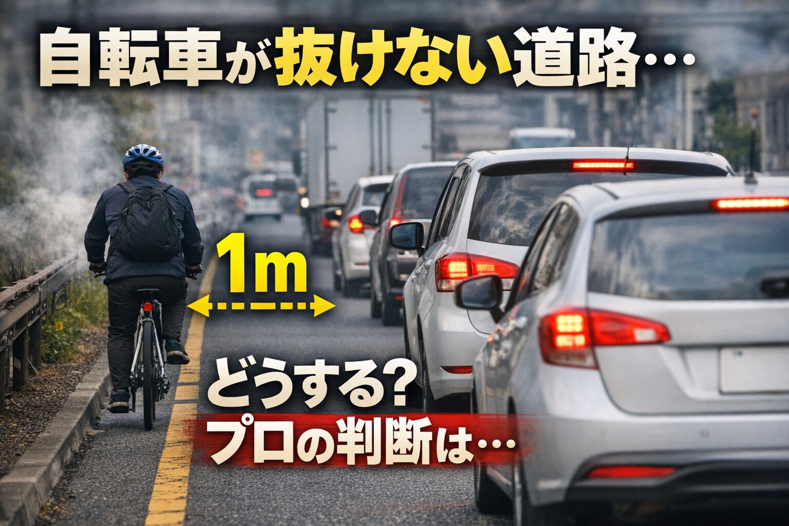 狭い道路で自転車の後ろに車列が続き、1メートルの安全距離を示す矢印と「1m」の表示がある横長アイキャッチ。中央に「自転車が抜けない道路…どうする？プロの判断は」と書かれたデザイン。