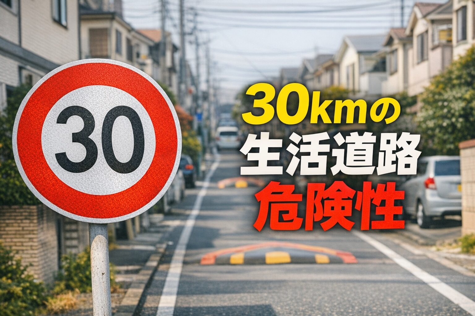 住宅街の30km制限道路と速度制限標識30を大きく写し、生活道路の危険性を訴える横長アイキャッチ画像。