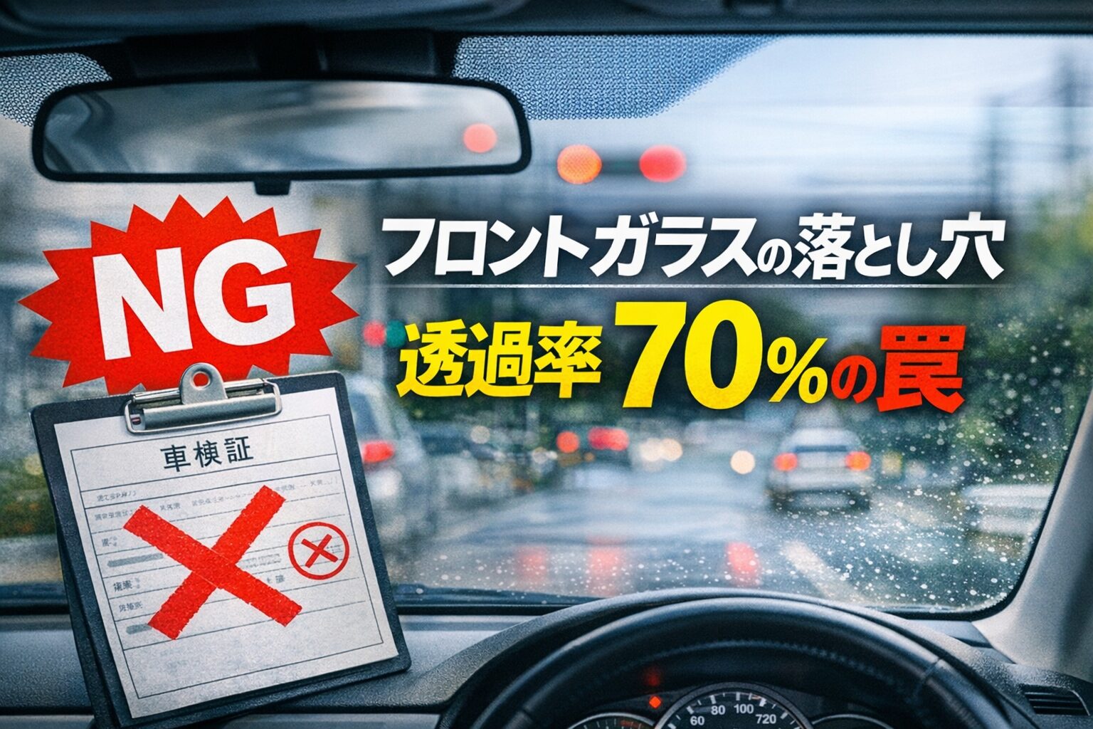 車検証の不合格印とフロントガラス越しの視界を組み合わせ、透過率70％の落とし穴を警告する横長アイキャッチ画像。