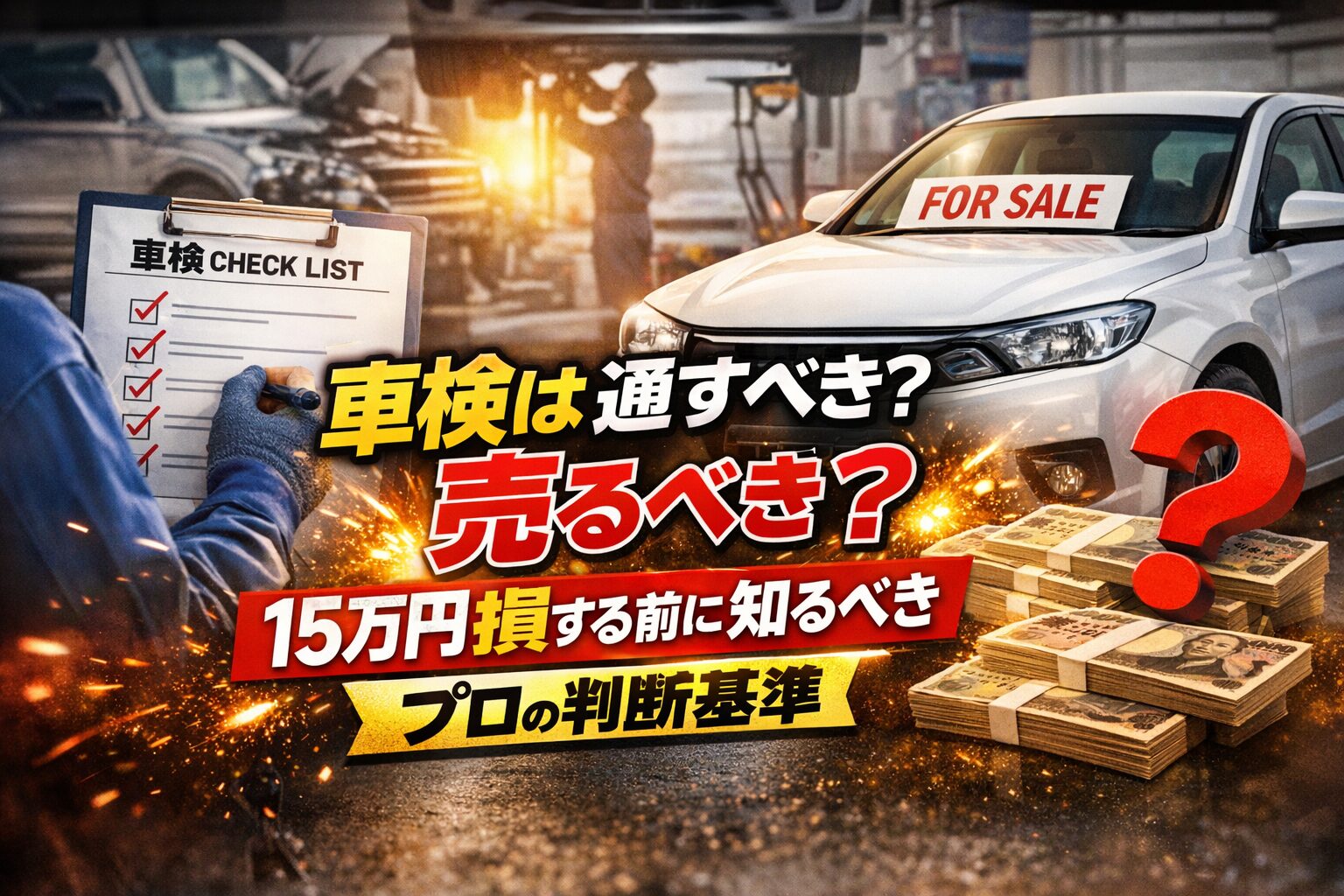 車検を通すか売るか迷う判断基準を示し、15万円損する前に知るべきポイントを強調した横長アイキャッチ画像。