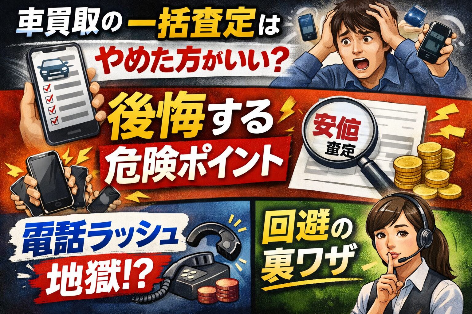 車買取の一括査定のデメリットや電話ラッシュのリスクを警告し、注意点を示す横長アイキャッチ画像。