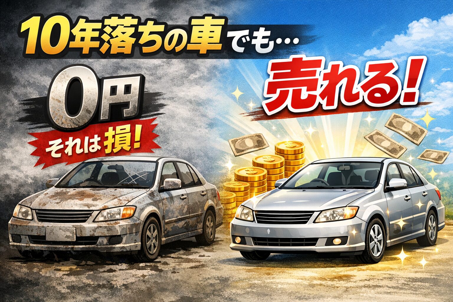 10年落ちの車でも売れることを示す、文言少なめで見やすい横長アイキャッチ画像。