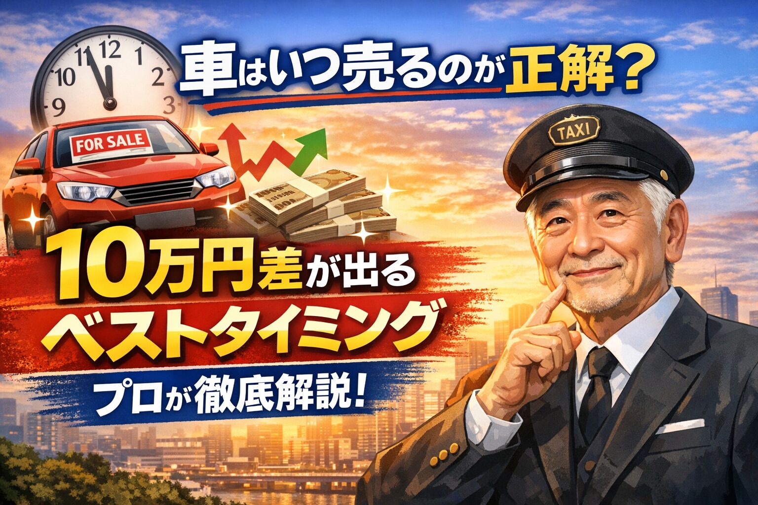 車を売るベストタイミングを解説する横長バナー。夕暮れの街を背景に、笑顔のタクシードライバーが指を立てて考えるポーズ。左側に赤い車と時計、札束、上昇・下降矢印が配置され、『車はいつ売るのが正解？10万円差が出るベストタイミング』の文字が中央に表示されている。