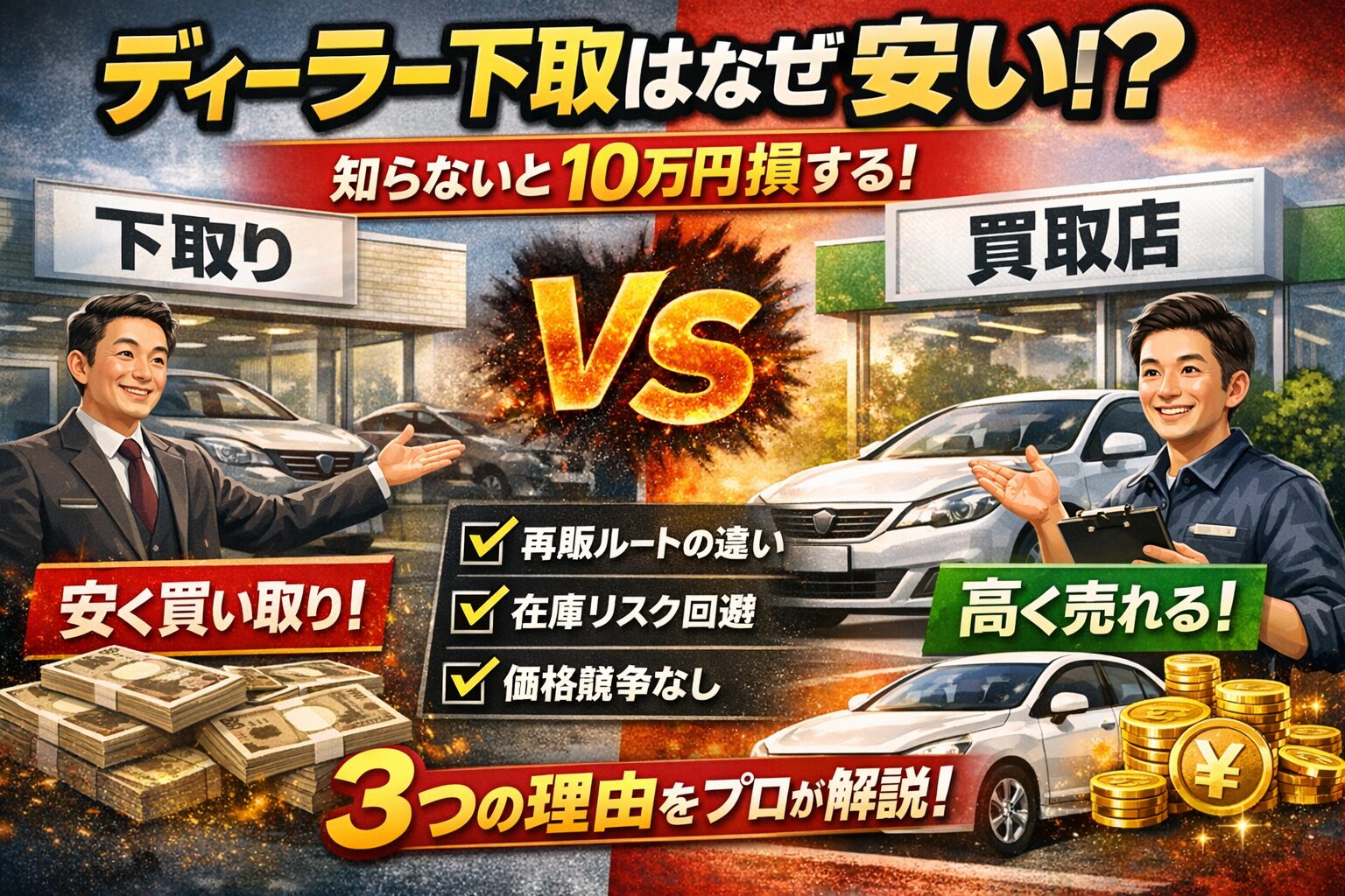 ディーラー下取りと買取店の違いを比較する横長バナー。左側に下取りの営業マンと『安く買い取り』の表示、右側に買取店スタッフと『高く売れる』の表示。中央に大きなVS、下に『再販ルートの違い・在庫リスク回避・価格競争なし』の3つの理由が並び、『ディーラー下取りはなぜ安い？知らないと10万円損する』の文字が強調されている。