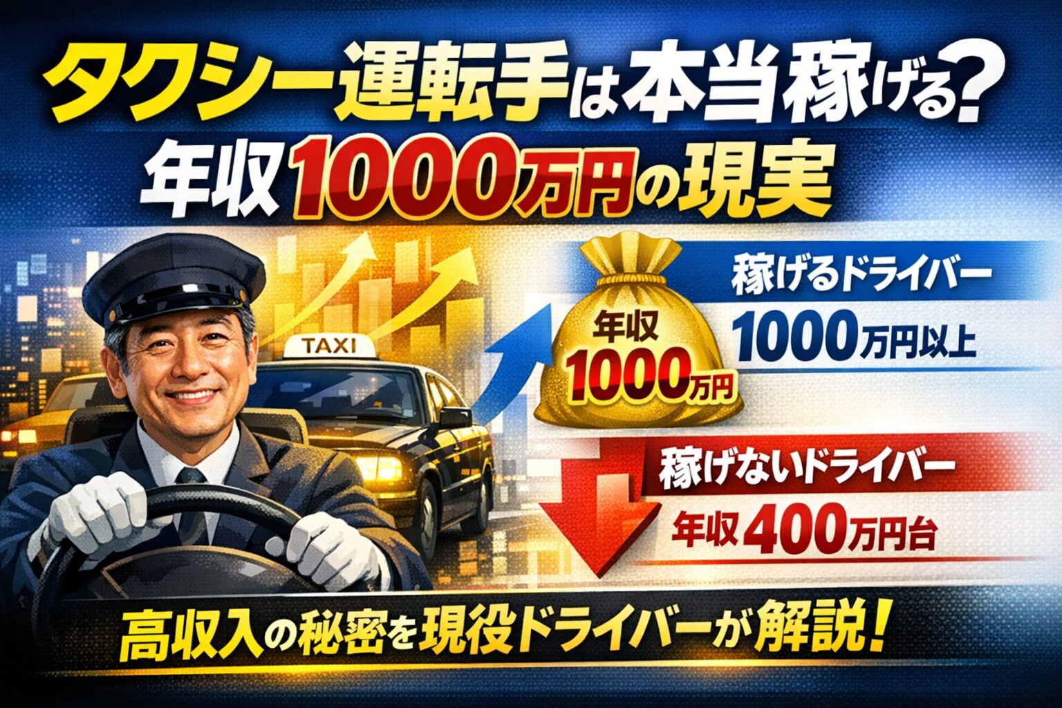 タクシー運転手は本当に稼げる？年収1000万円の現実を現役ドライバーが解説。黒いタクシーと笑顔の運転手、上昇グラフと金袋で高収入を象徴する構図